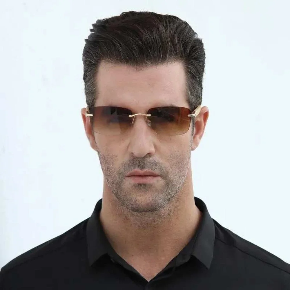 Rimless Sunglasses Wood Grain Arms Brown Gradient Lens Lightweight Fashion Gafas